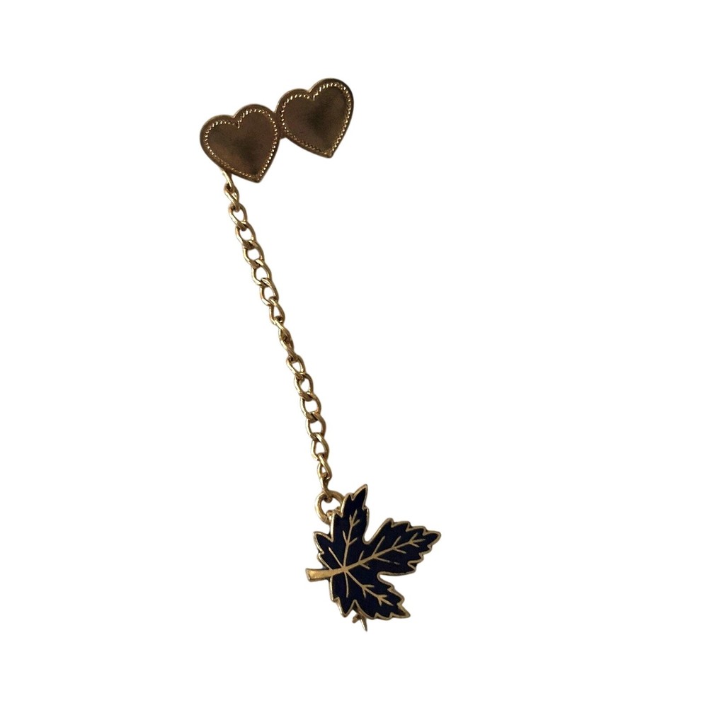 Vintage Chained Collar Tie Pins Maple Leaf Double Heart EUC