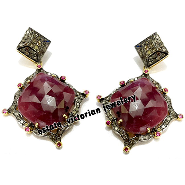 Victorian 2.59ctw Rose Cut Diamond Ruby Studded Silver Stunning Earring Jewelry