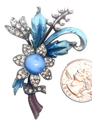 RARE Vintage Coro G. Verrecchio Enameled & Rhinestone INset Flower Brooch