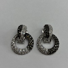 NOLAN MILLER Earrings Black/White Crystal Silver Tone Circle Drop, Clip/style