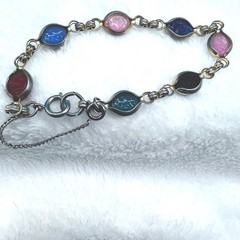 Vintage Egyptian Revival Scarab Bracelet Safety Chain Acrylic Silver Tone 7.25″