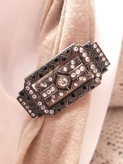Antique Trombone Clasp Brooch Early Art Deco Black Clear Crystals Jeweled