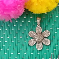 33ct 1Pc Pave Diamond Flower Pendant- 925 Sterling Silver -27mmx24mm d6