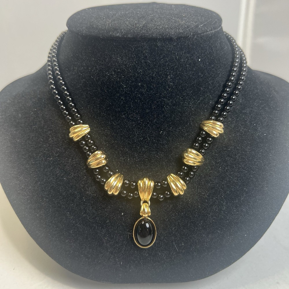 Vintage Black Bead Double Strand Dangle Pendant Gold Tone Choker Necklace