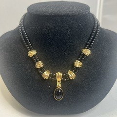 Vintage Black Bead Double Strand Dangle Pendant Gold Tone Choker Necklace