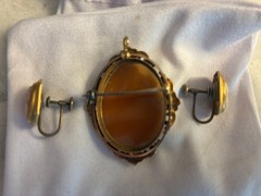 Art Deco Cameo screwback earrings and Brooch set in 10k gold.