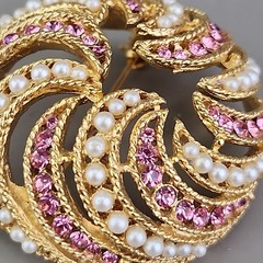 Vintage Rhinestone Brooch BSK Pink Faux Pearls Domed Round Gold Tone 1 5/8″