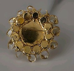 Vintage Signed EDLEE Green Molded Art Glass & Rhinestone Domed Brooch Pin RARE