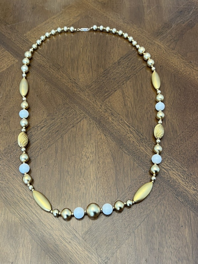 Vintage Carol Dauplaise Gold & White Beaded Long Necklace Signed Nice!