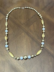 Vintage Carol Dauplaise Gold & White Beaded Long Necklace Signed Nice!