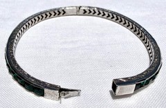Antique Art Deco GREEN Channel-Set Rhinestone Sterling Silver Bangle Bracelet