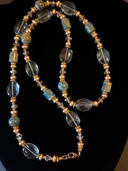 Vtg Strung Turquoise Faceted Glass & Gold Bead Beach Casual Artisan Necklace 24″