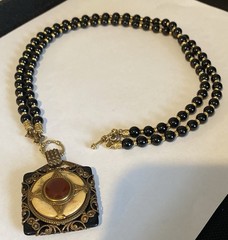 Vtg PATRICE Brass Carnelian Onyx Double Strand Bead Pendant Necklace Earring Set
