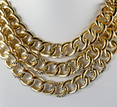 Pretty Triple Chain Link Bib Necklace Gold Tone w/ Tiny Marcasites