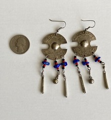 Vintage Lapis Silver Tone Dangling Earrings Large 3.5in Red Black Beads 9.84g