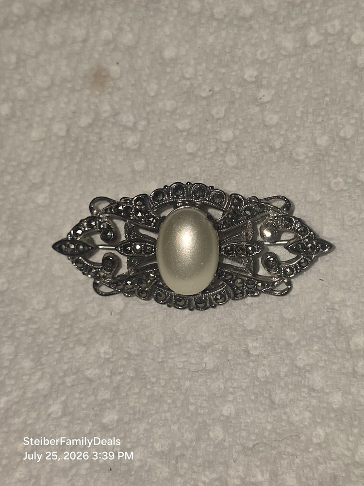 Vtg Sterling Silver Faux Pearl Marcasite Brooch Pin Art Deco Or Victorian