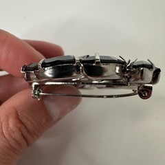 Vintage Jet Black Rhinestone Brooch Silver Tone Marquise Statement Pin