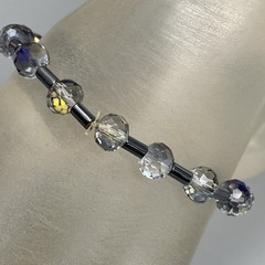 Smoky Gray Glass Bracelet Stretch Aurora Borealis Coated Faceted Tube Spacers