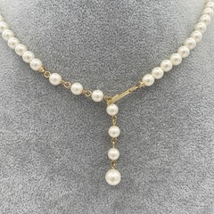 Vintage Faux Pearl Teardrop With Gold Tone Bow & Crystal Rhinestone Bib Necklace