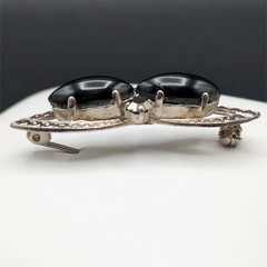 Vintage Brooch Pin Western Germany Black Glass Faux Marcasite Silver Tone Gothic