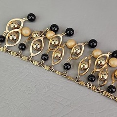 Vintage Statement Necklace Black Beaded Fringe Dangles Gold Tone Snail 16.5″