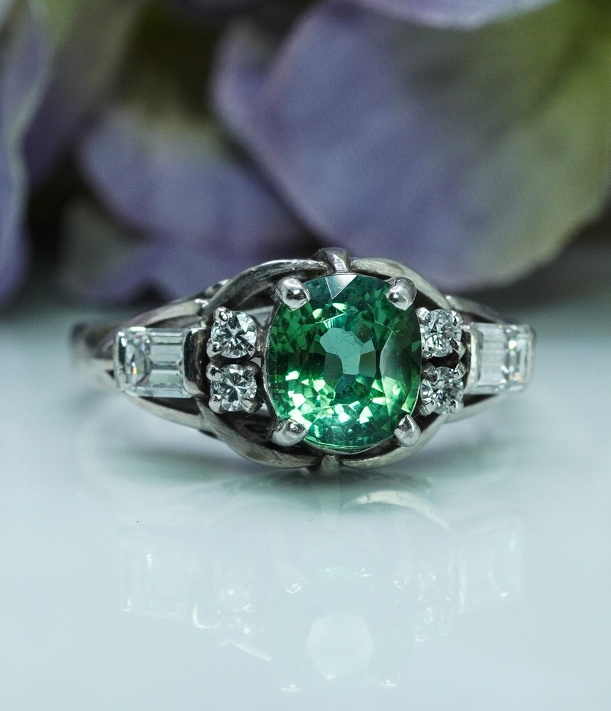 Vintage Green Tourmaline Cushion Baguette Diamond Platinum Ring Estate