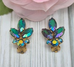 VTG Peacock Iridescent AB Crystal Gold Tone Clip On Earrings Prom Formal