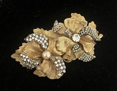 Miriam Haskell Signed Faux Pearl & Rhinestone Vintage Flower Brooch