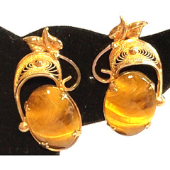 1/20 Gold Filled Tiger Eye Clip-On Earrings Vintage Floral Filigree 1.25″ bc-46