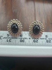Silver tone Cabochon Onyx Necklace And Pierced Earrings