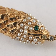 Vintage Fish Brooch Faux Pearl Green Rhinestone Gold Tone Figural Nautical Pin