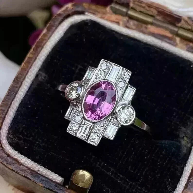 Art Deco Style Oval Ruby Lab Created Diamond 14K White Gold FN Engagement Ring