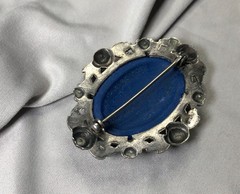 ANTIQUE Art Nouveau Floral Lapis Lazuli Opaline Glass Sterling Silver Pin Brooch