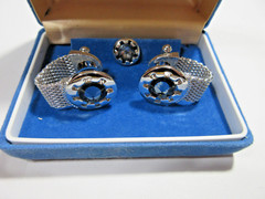 VTG SWANK mesh WRAP Men SET Cuflink Lapel Tie tac pin Blu Rhinestone Silver Tone