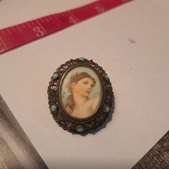 Antique 800 silver miniature portrait painting oval pendant pin turquoise beads