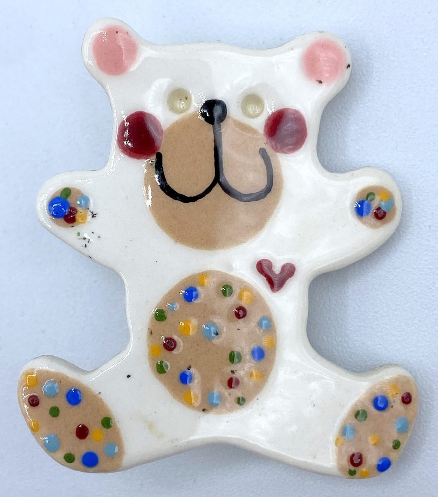 C1-3155 VINTAGE BROOCH SILVER PIN 1.6″ PAINTED WHITE TEDDY BEAR
