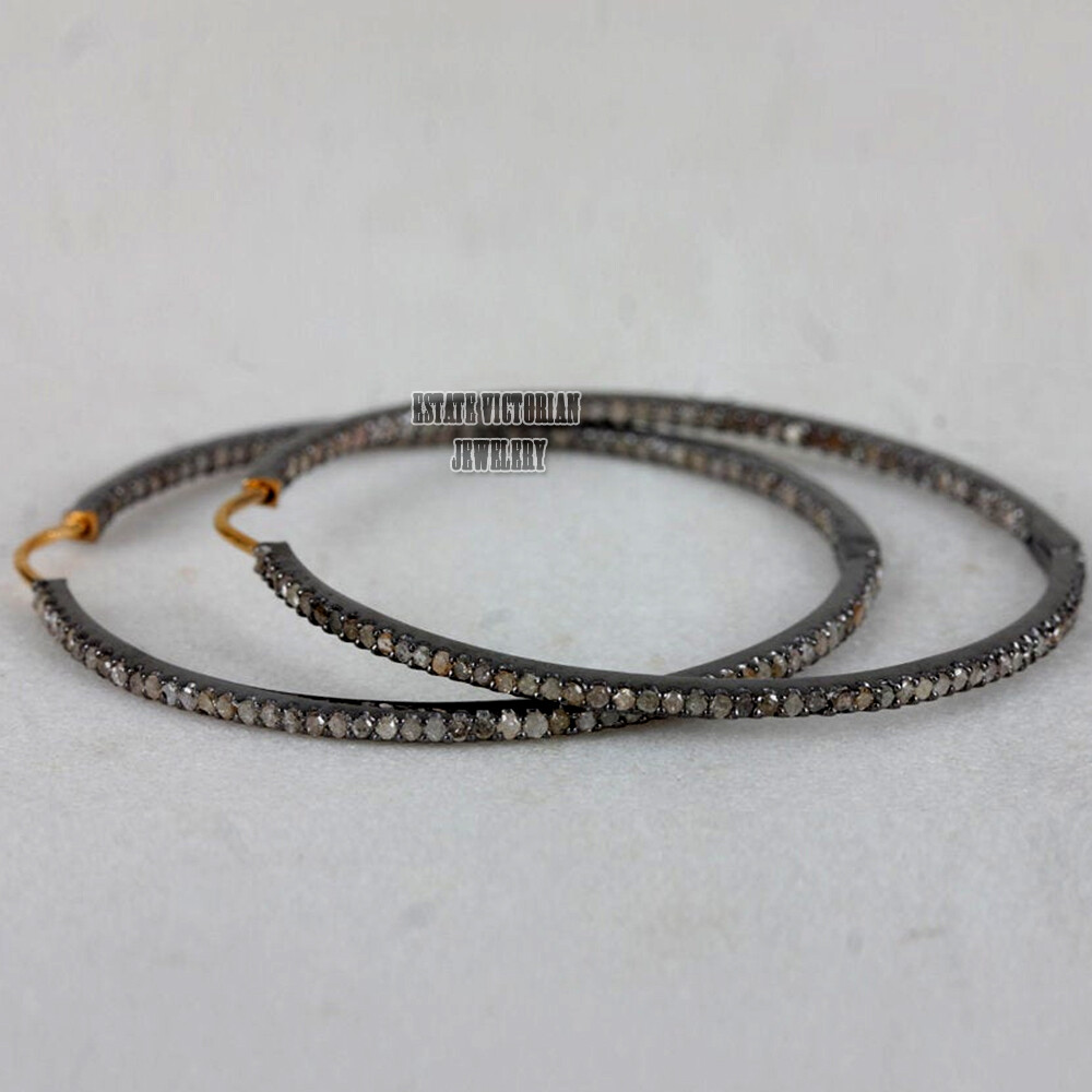 Victorian 2.90ctw Genuine Old Mine Rose Cut Diamond Silver Hoops Earring Jewelry
