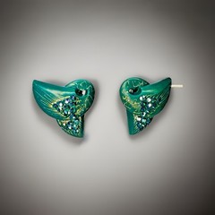 Vintage Carved Mermaid/Fishtails Earrings. Art Deco Rhinestone Accent. Clip On