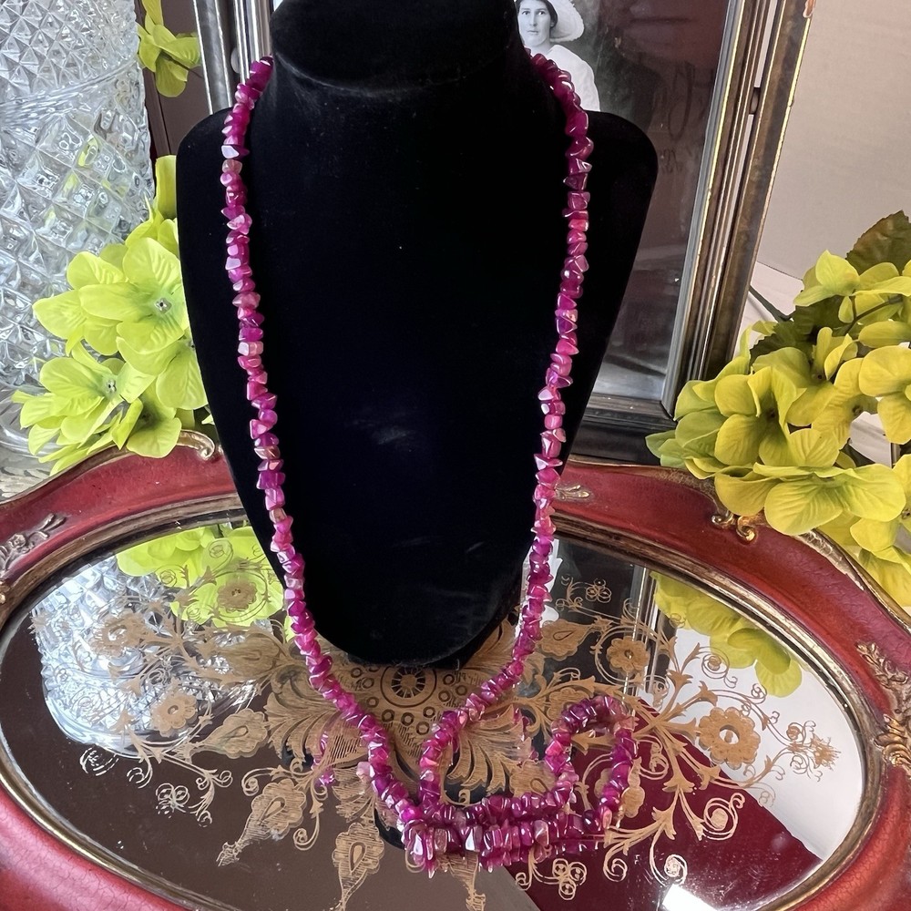 Vtg 36” Amethyst Chip Necklace – Polished Purple Gemstone – Presidium Tested