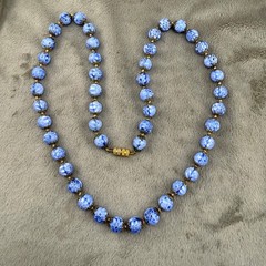 Vintage Millefiori Glass Beaded Necklace Flowers Blue Venetian 24”