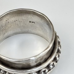 Vtg Sterling Silver 925 CZ 10mm Wide Hammered Spinner Fidget Band Ring Size 6