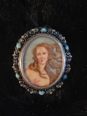 Antique 800 Silver Handpainted Lady Portrait Cameo Brooch Pendant Turquoise Cabs