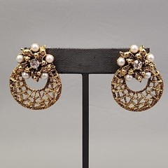 Vintage Hoop Earrings Wire Openwork Faux Pearls 1 3/8″