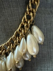 Vtg Goldtone Choker Necklace Cuban Link Chain Faux Pearls Classic Maximalist