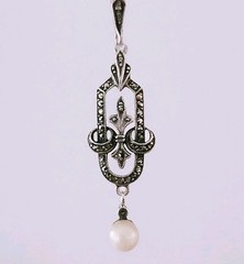 Antique Art Deco 935 Silver Marcasite & Pearl Pendant Necklace 18″, Pristine