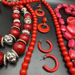 Vintage Red Pink Jewelry Lot 6 Necklaces 3 Earrings Chunky Beaded Statement