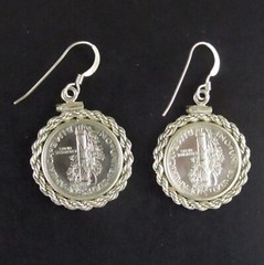 Vintage Mercury Dime Earrings 90% Silver Coins Rope Sterling Silver Bezels Hooks