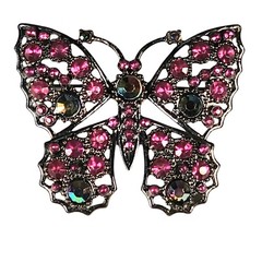 Vintage Jeweled Butterfly Brooch Pink Aurora Borealis Pin Rhinestone 2.25″