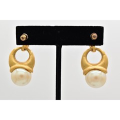 Vintage Pearl Drop Earrings Dangle Brushed Gold Matte Hoop Chunky NOS 1980s A23