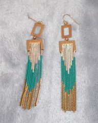 Vtg Pierced Hook Earrings w/ Box Chain Dangles Gold Silver Turquoise Color 4″